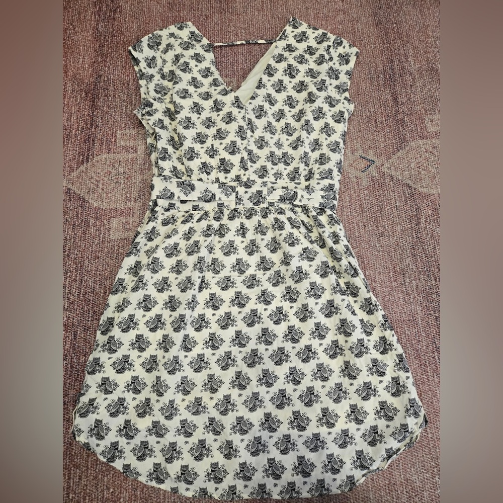 Daniel Rainn Anthropologie faux wrap v neck tie waist vintage owl print dress sm